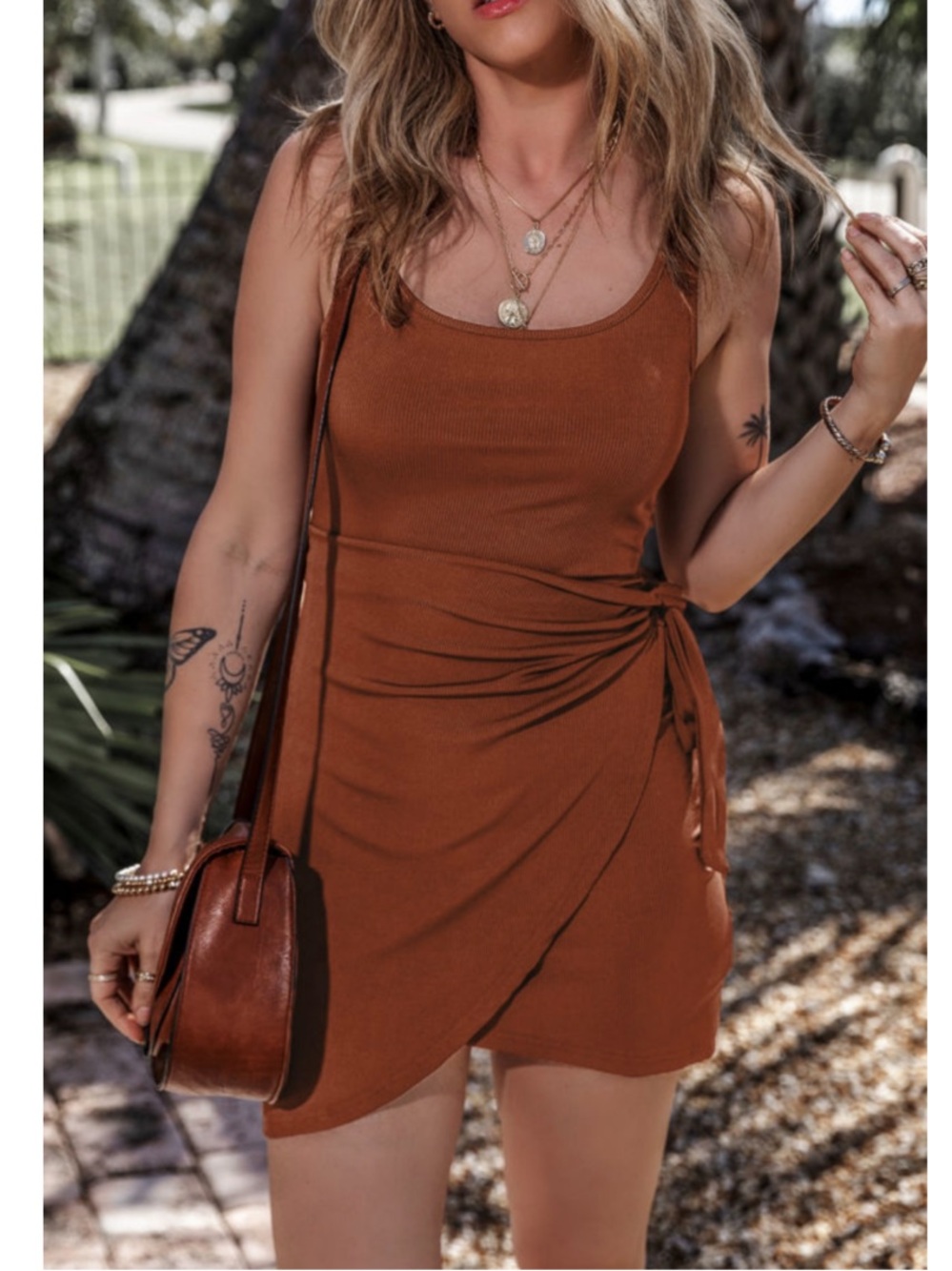 New Women’s Sleeveless Ruched Tank Fall Dress in Rust Orange